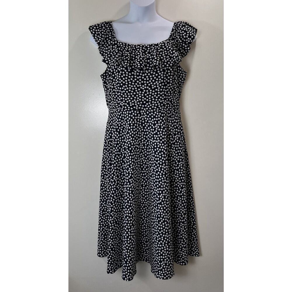 Betsey Johnson Women's Midi Dress Size14 Navy Polka Dot Ruffle Vtg Inspired